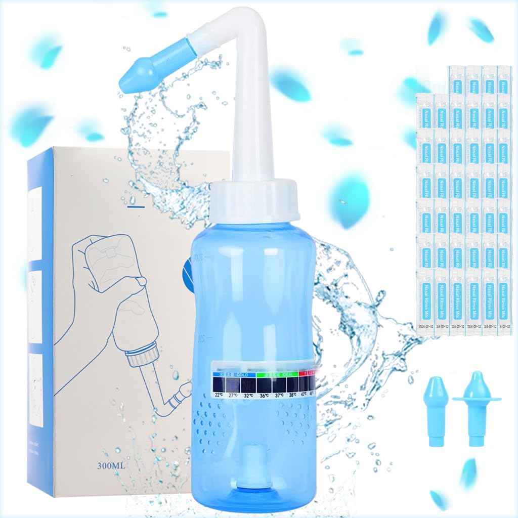 HANNEA Neti Pots for Sinus Rinse Bottle Nasal Wash Nasal Irrigation Jal Neti Pot with 2 Nozzles, 40 Nasal Wash Salt & Sticker Thermometer, Nose Cleaner Washing for Adult & Kid Travel Essentials 300ML HANNEA Neti Pots for Sinus Rinse Bottle Nasal Wash Nasal Irrigation Jal Neti Pot with 2 Nozzles, 40 Nasal Wash Salt & Sticker Thermometer, Nose Cleaner Washing for Adult & Kid Travel Essentials 300ML